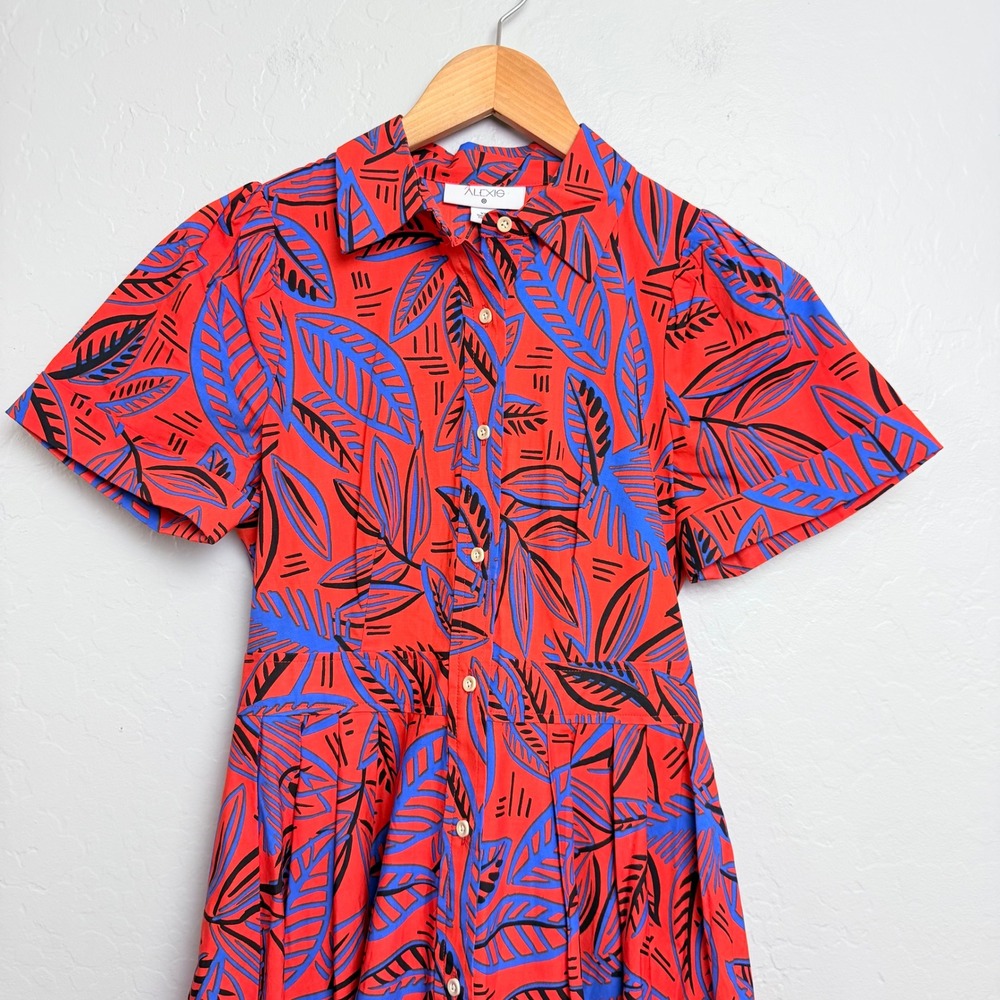 NEW Alexis For TargetRed Blue Tropical Leaf Print Button Front Midi Dress XS - Picture 2 of 10